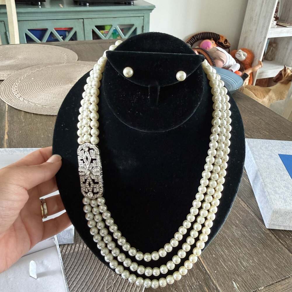 The Skyline Collection  Faux Pearl Necklace and Earrings Set with Art Deco Clasp